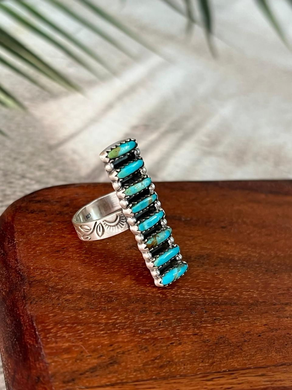 Handmade Sterling Silver Kingman Turquoise Adjustable Bar Ring "Signed Nizhoni"