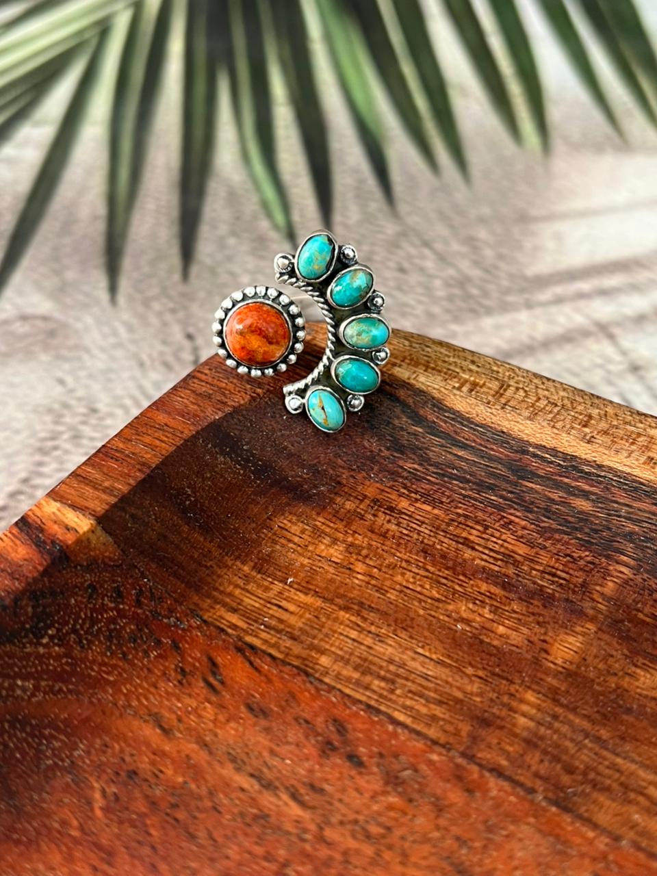 Handmade Sterling Silver Kingman Turquoise with Orange Mojave Adjustable Ring "Signed Nizhoni"
