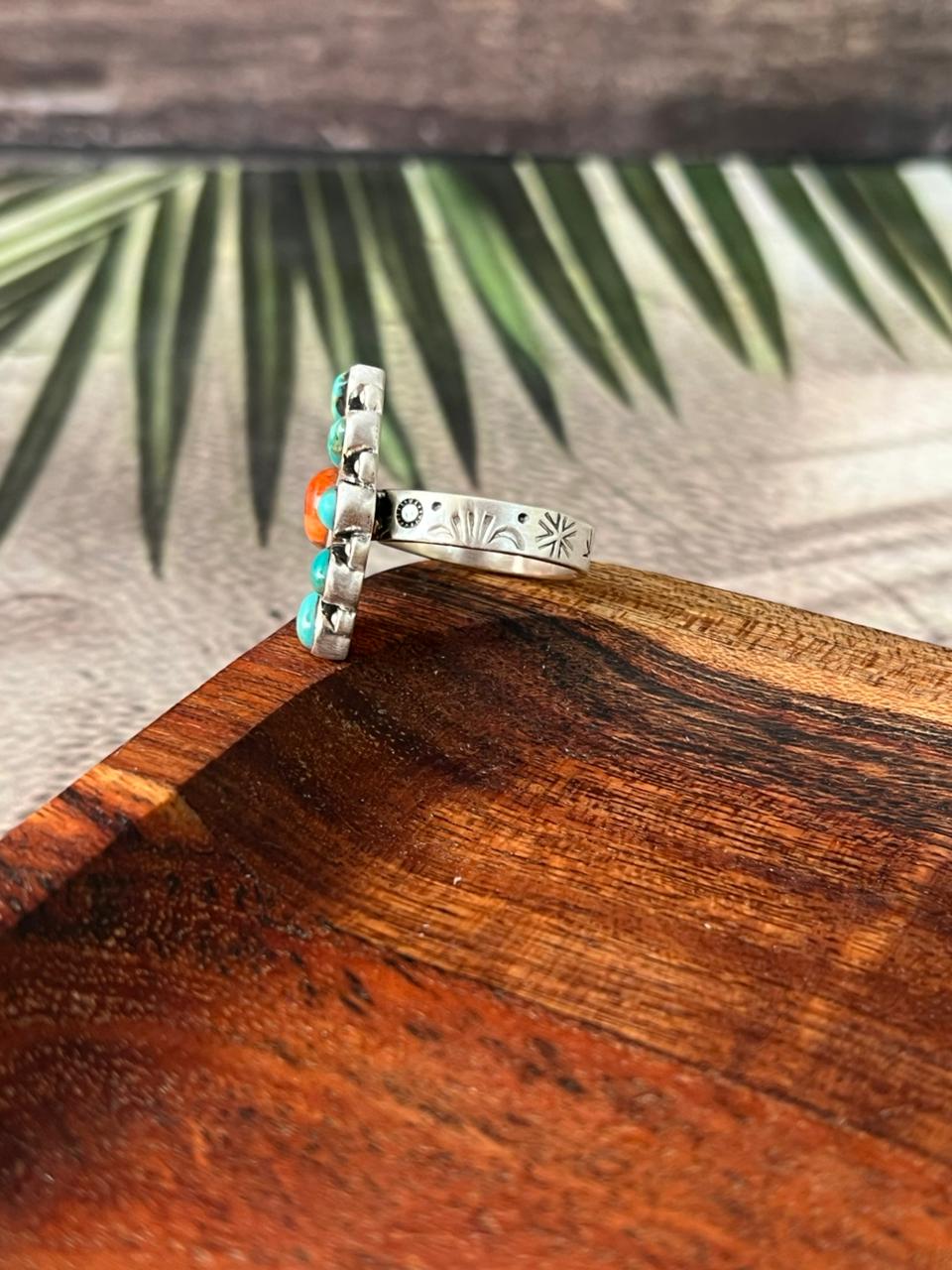 Handmade Sterling Silver Kingman Turquoise with Orange Mojave Adjustable Ring "Signed Nizhoni"