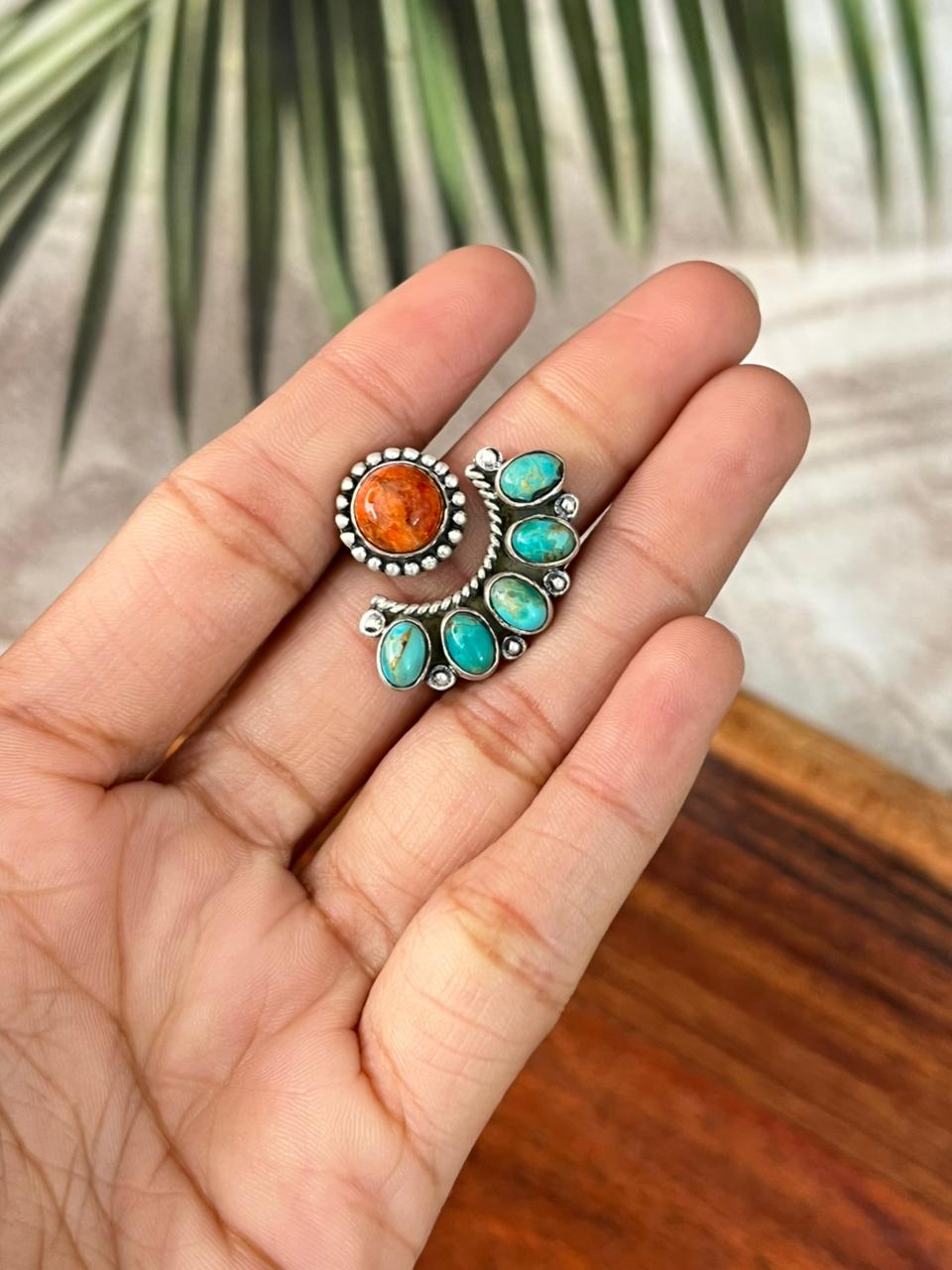 Handmade Sterling Silver Kingman Turquoise with Orange Mojave Adjustable Ring "Signed Nizhoni"