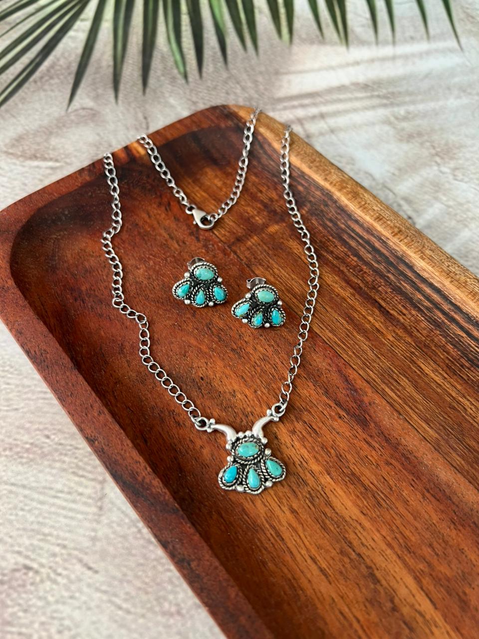 Handmade Sterling Silver Kingman Turquoise Necklace Earrings Set "Signed Nizhoni"