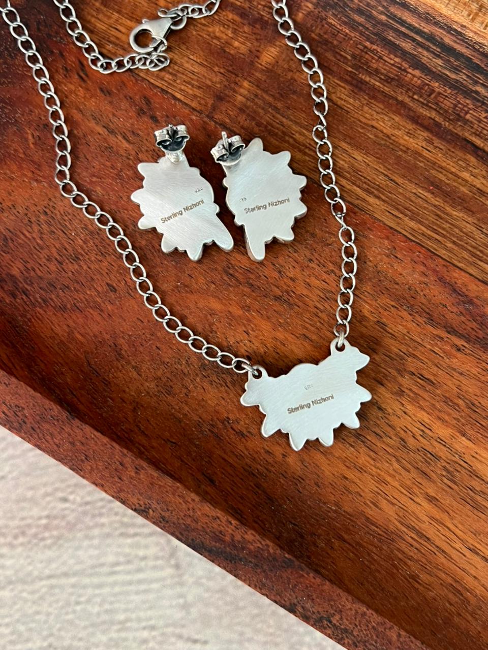 Handmade Sterling Silver Kingman Turquoise with Orange Mojave Necklace Earrings Set "Signed Nizhoni"