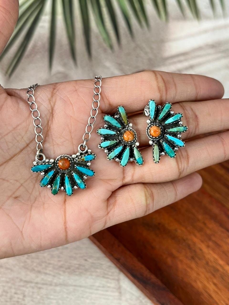 Handmade Sterling Silver Kingman Turquoise with Orange Mojave Necklace Earrings Set "Signed Nizhoni"