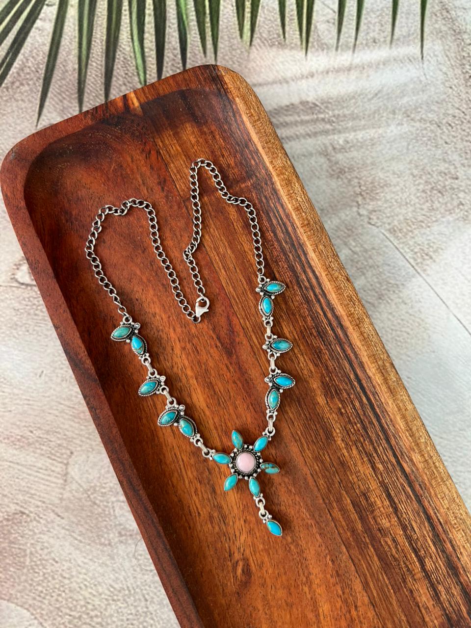 Handmade Sterling Silver Pink Opal with Kingman Turquoise Necklace Signed Nizhoni