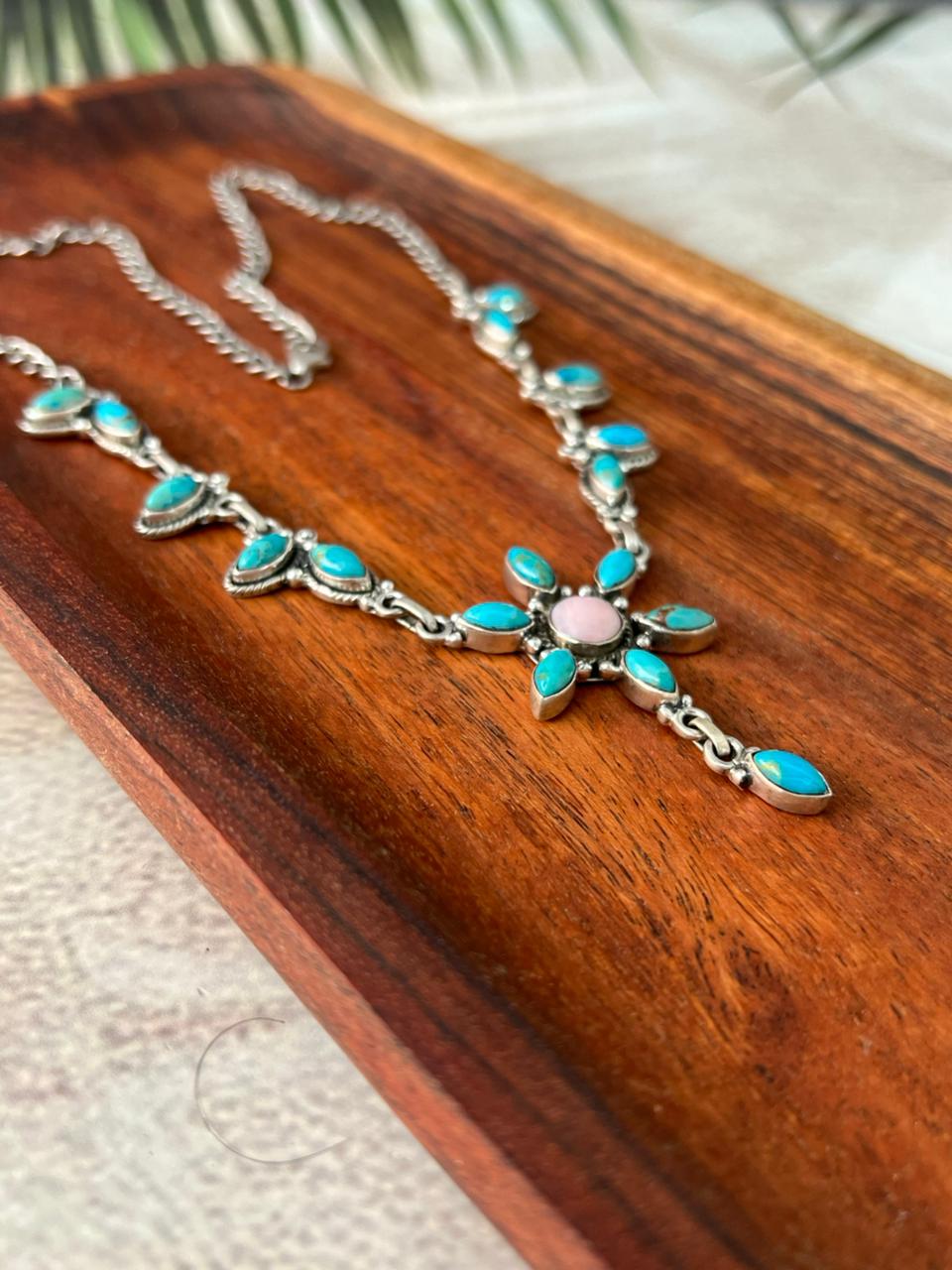 Handmade Sterling Silver Pink Opal with Kingman Turquoise Necklace Signed Nizhoni