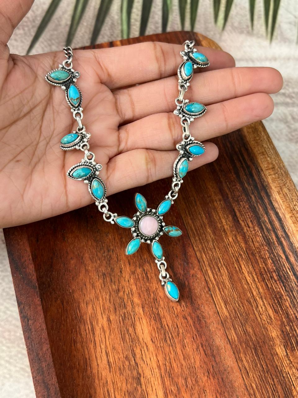 Handmade Sterling Silver Pink Opal with Kingman Turquoise Necklace Signed Nizhoni