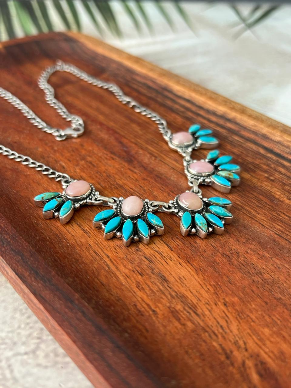 Handmade Sterling Silver Pink Opal with Kingman Turquoise Necklace Signed Nizhoni