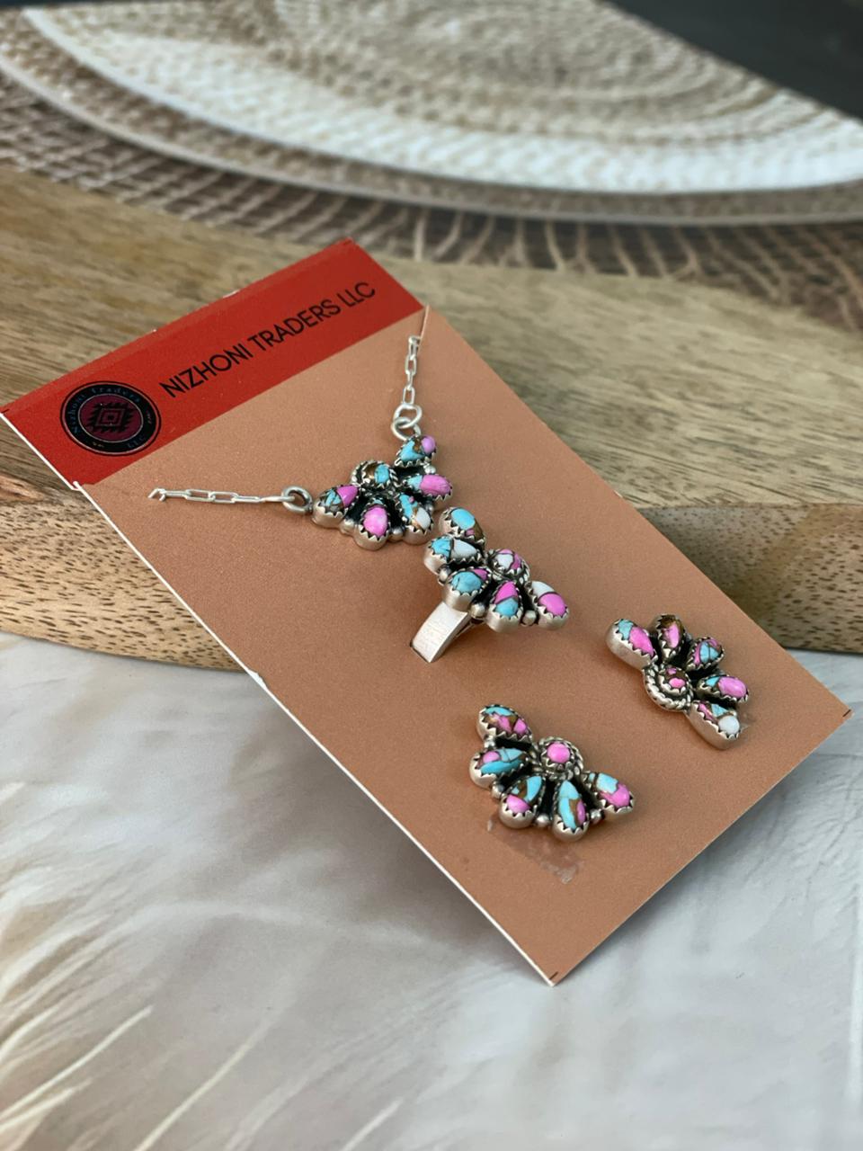 Handmade Sterling Silver Cotton Candy Necklace, Ring And Earrings Card Set