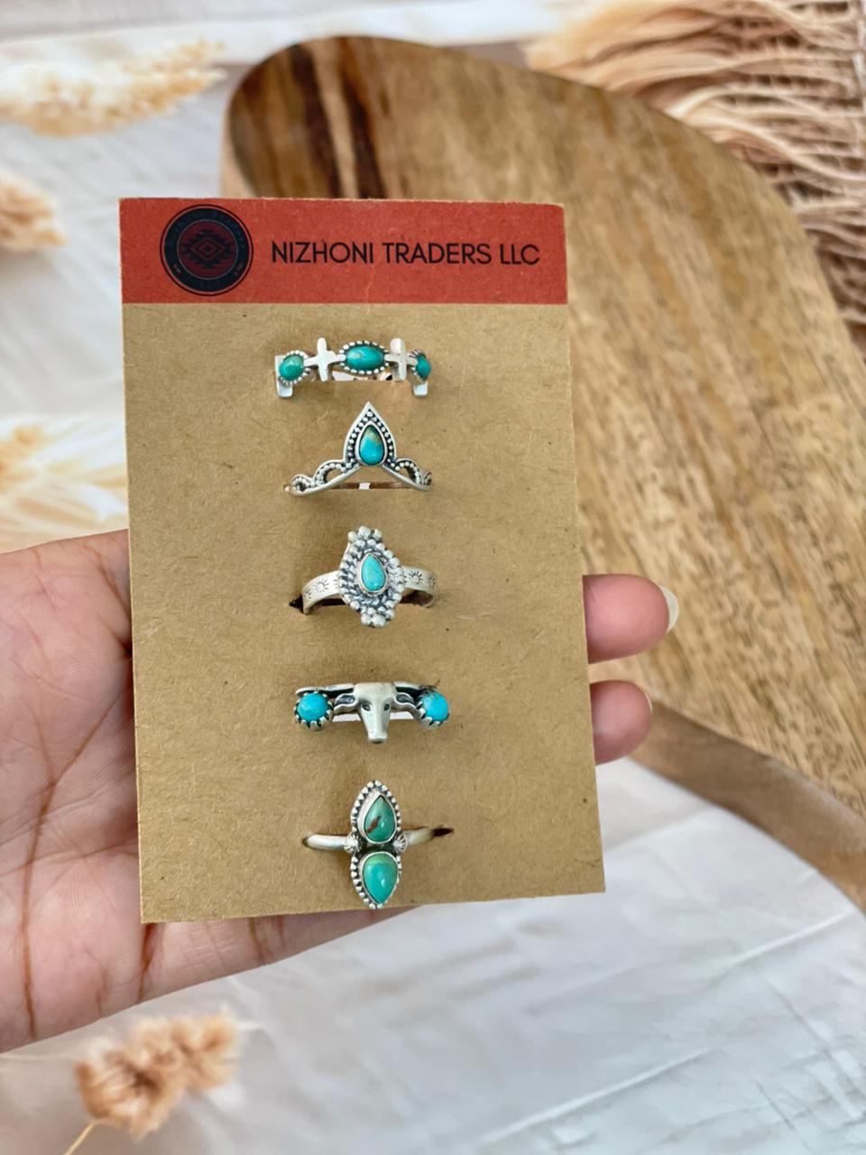 Handmade Sterling Silver Kingman Turquoise Adjustable Ring Card