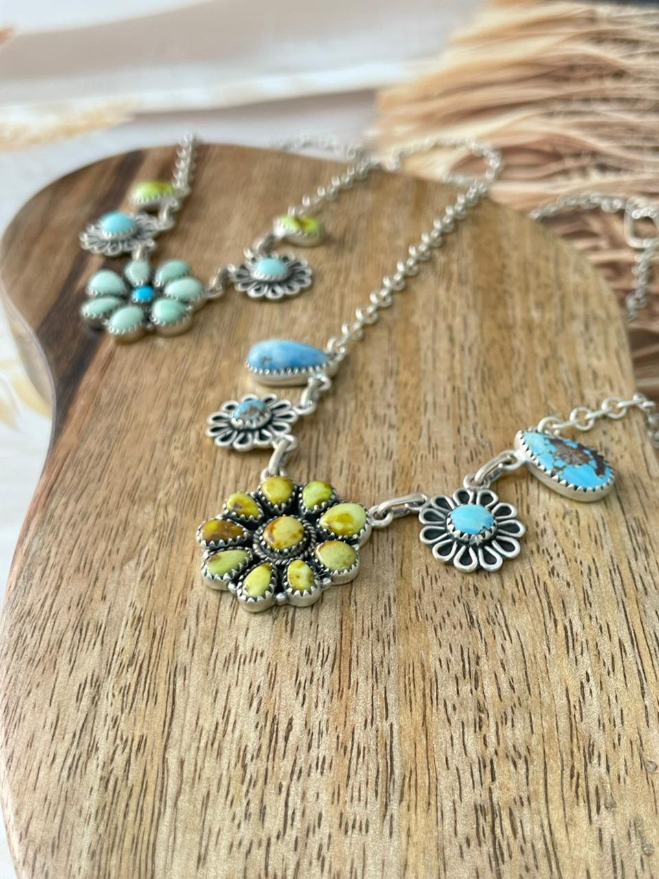 Handmade Sterling Silver Palomino with Golden Hills, Sierra Bella and Paloma Turquoise Necklace Signed Nizhoni (1)