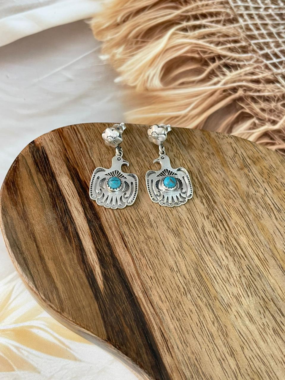 Handmade Sterling Silver Kingman Turquoise Post Dangle Thunderbird Earrings Signed Nizhoni