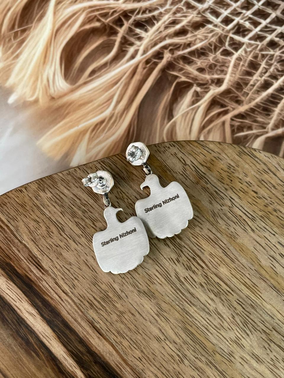 Handmade Sterling Silver Kingman Turquoise Post Dangle Thunderbird Earrings Signed Nizhoni
