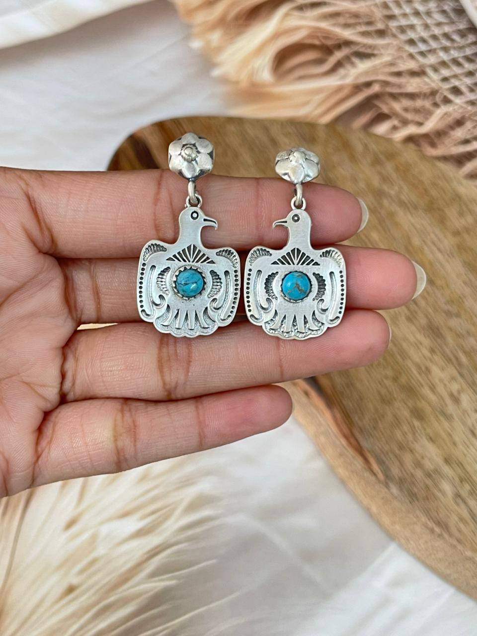Handmade Sterling Silver Kingman Turquoise Post Dangle Thunderbird Earrings Signed Nizhoni