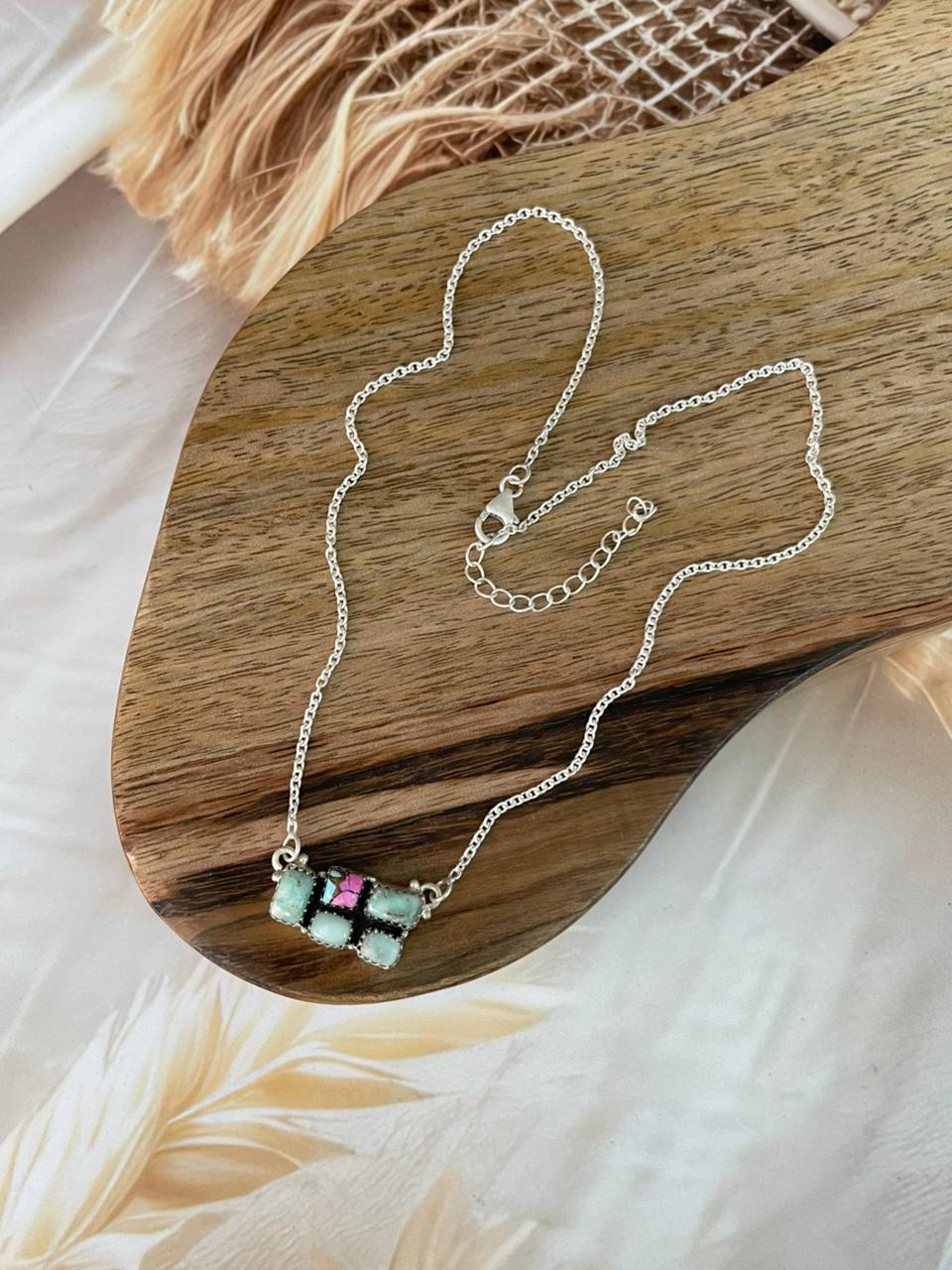 Handmade Sterling Silver Cotton Candy with Paloma Turquoise Necklace Signed Nizhoni