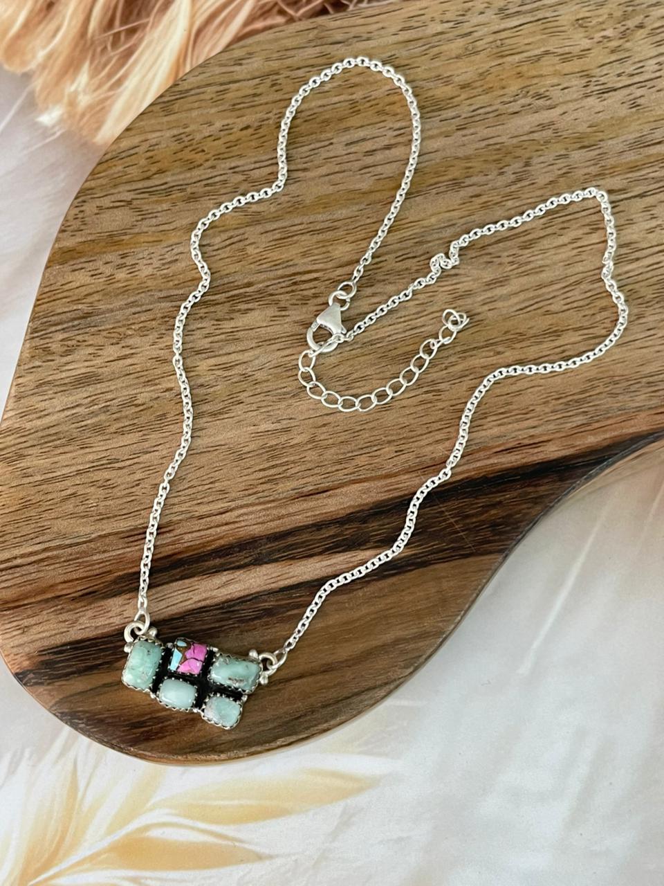 Handmade Sterling Silver Cotton Candy with Paloma Turquoise Necklace Signed Nizhoni