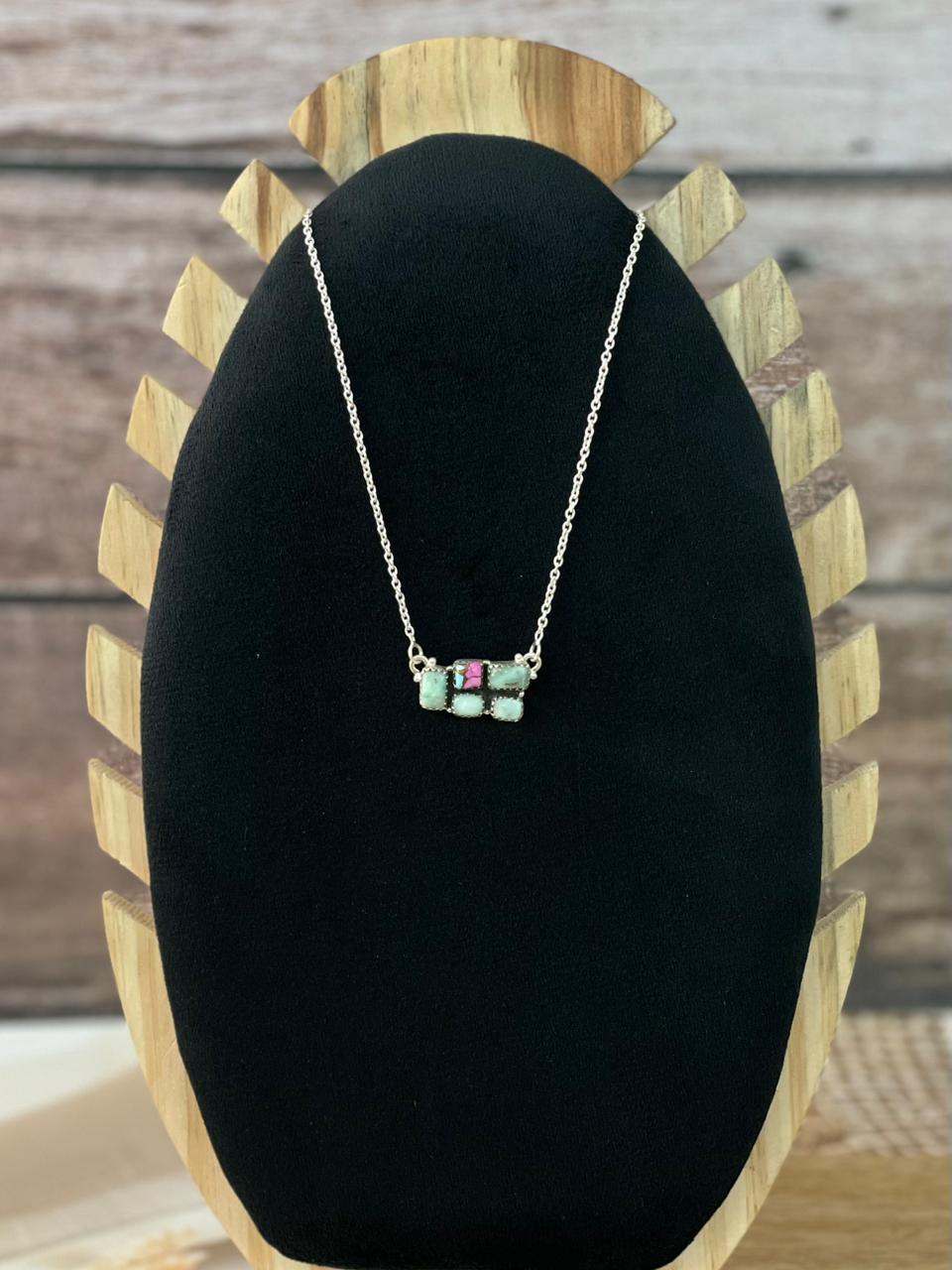 Handmade Sterling Silver Cotton Candy with Paloma Turquoise Necklace Signed Nizhoni