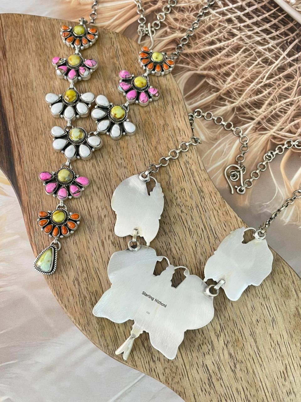 Handmade Sterling Silver Cotton Candy with Palomino Turquoise, White Buffalo and Orange Mojave Necklace Signed Nizhoni (3)