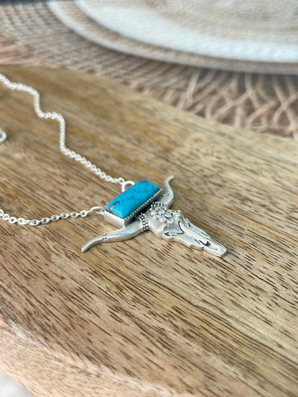 Handmade Sterling Silver Kingman Turquoise Bull Head Necklace Signed Nizhoni