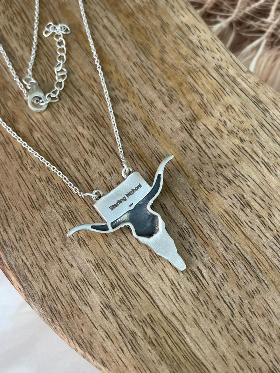 Handmade Sterling Silver Kingman Turquoise Bull Head Necklace Signed Nizhoni