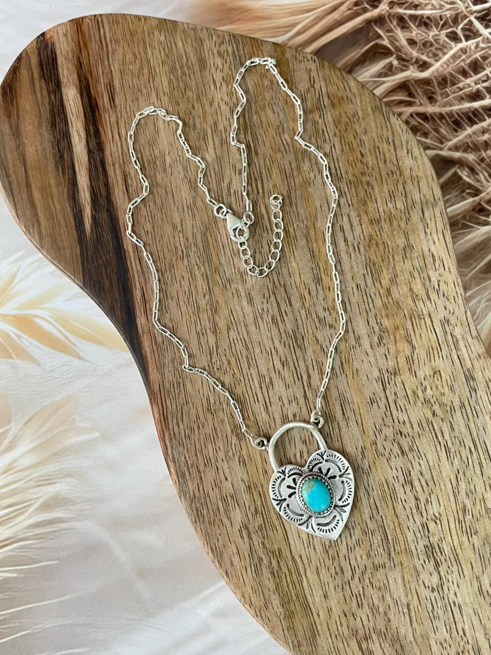 Handmade Sterling Silver Kingman Turquoise Heart Locket Necklace Signed Nizhoni
