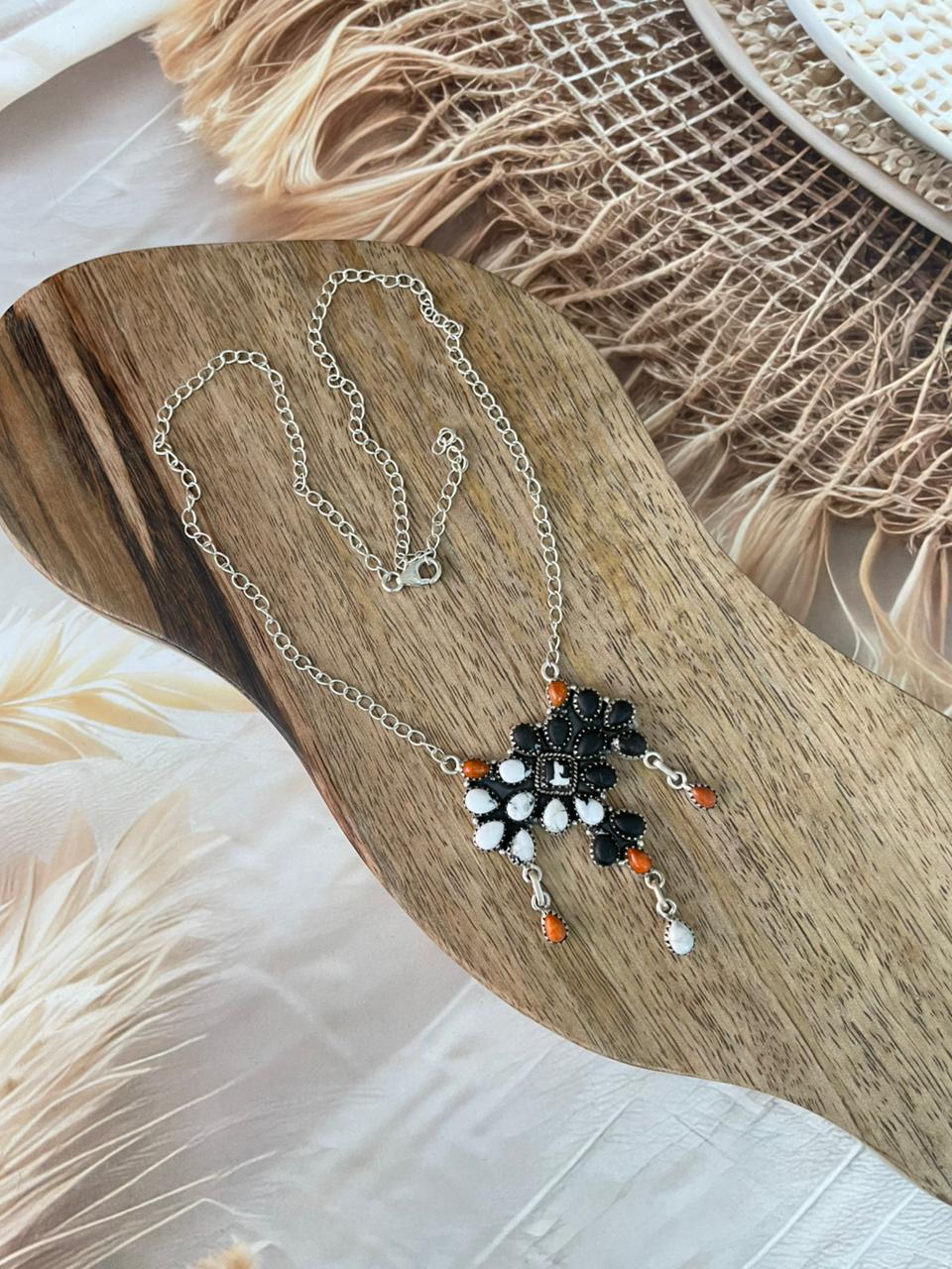 Handmade Sterling Silver Orange Mojave with White Buffalo Necklace Signed Nizhoni