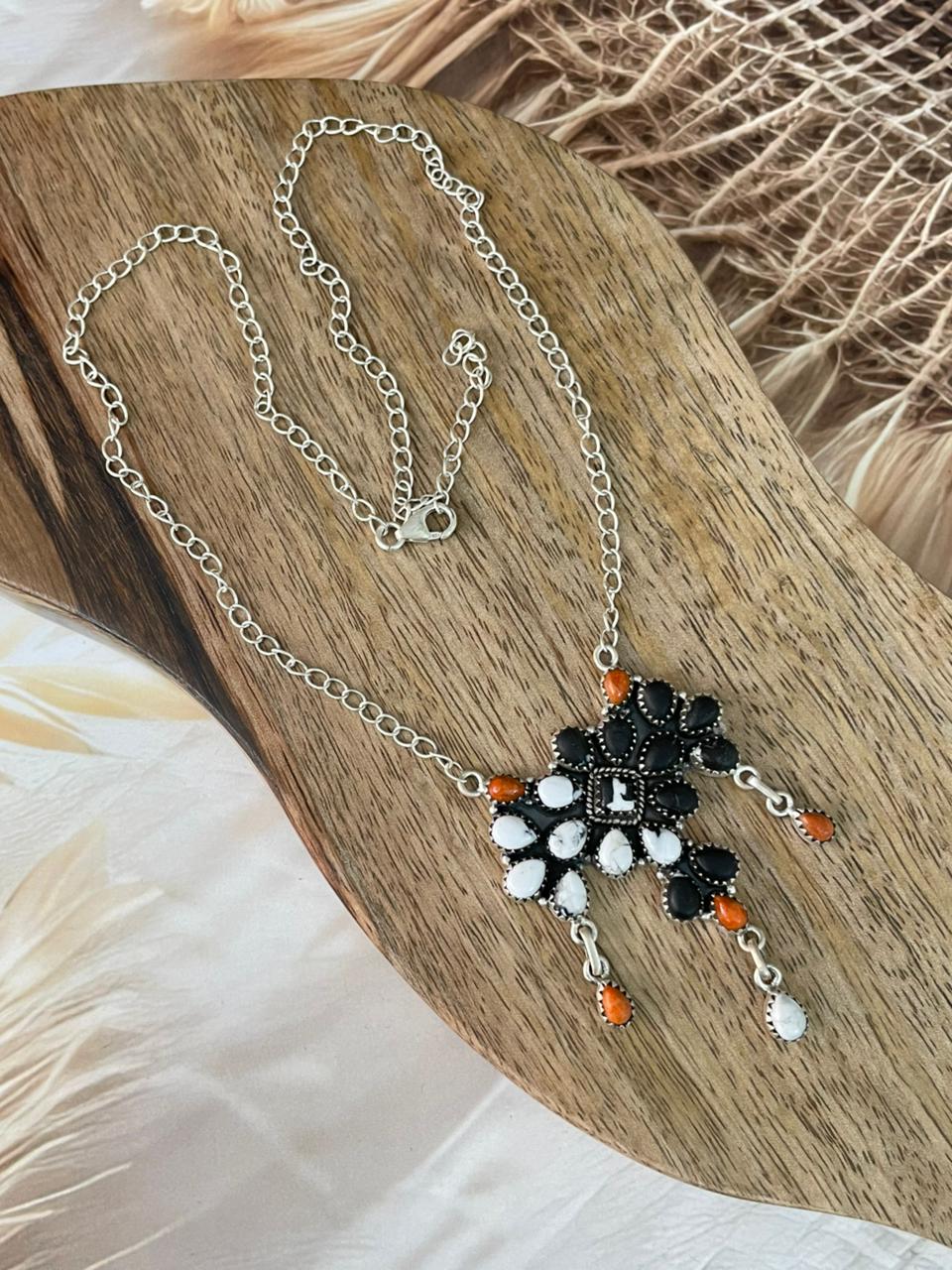Handmade Sterling Silver Orange Mojave with White Buffalo Necklace Signed Nizhoni