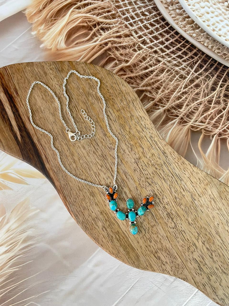 Handmade Sterling Silver Kingman Turquoise with Orange Mojave Necklace Signed Nizhoni