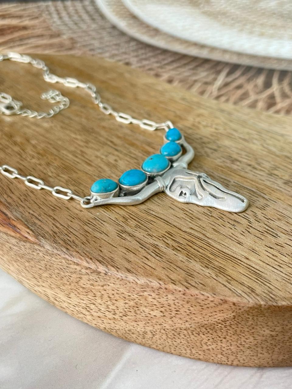 Handmade Sterling Silver Kingman Turquoise Bull Head Necklace Signed Nizhoni