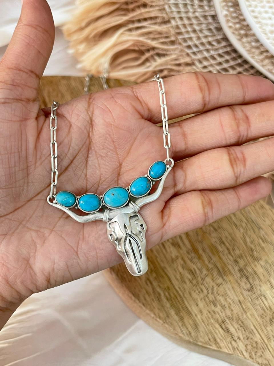 Handmade Sterling Silver Kingman Turquoise Bull Head Necklace Signed Nizhoni
