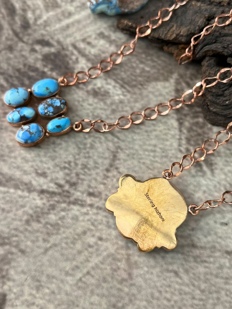 Handmade Golden Hills Turquoise Copper Collection: Necklace Signed Nizhoni