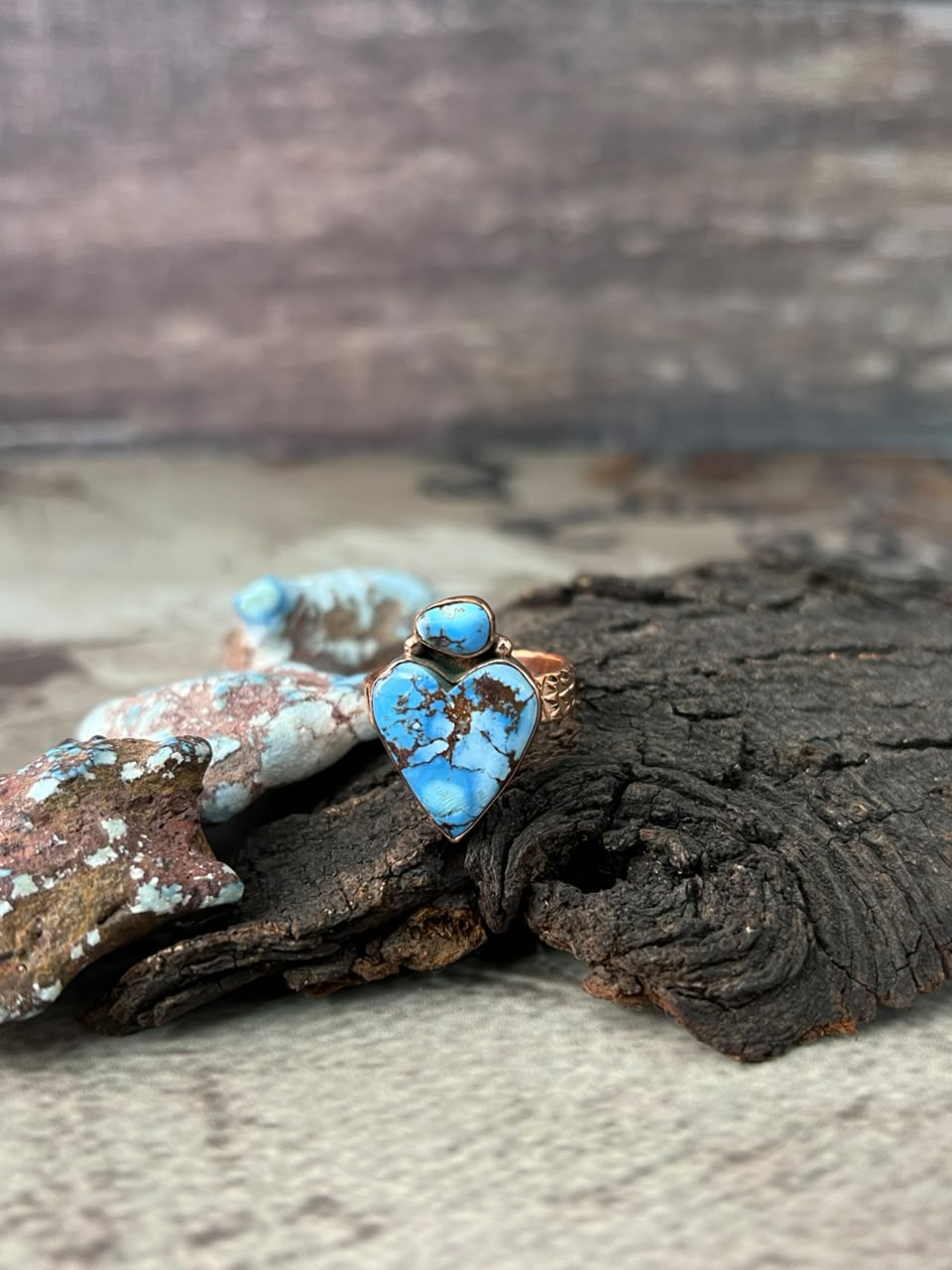 Handmade Golden Hills Turquoise Copper Collection: Heart Adjustable Ring Signed Nizhoni