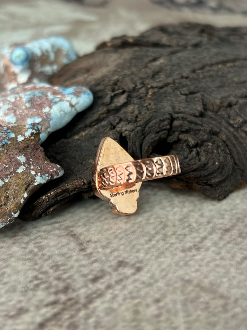 Handmade Golden Hills Turquoise Copper Collection: Heart Adjustable Ring Signed Nizhoni