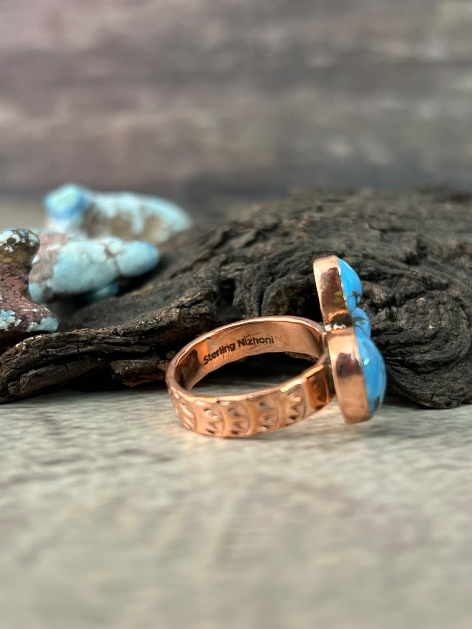 Handmade Golden Hills Turquoise Copper Collection: Adjustable Ring Signed Nizhoni