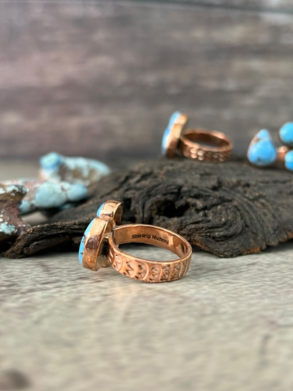 Handmade Golden Hills Turquoise Copper Collection: Adjustable Ring Signed Nizhoni