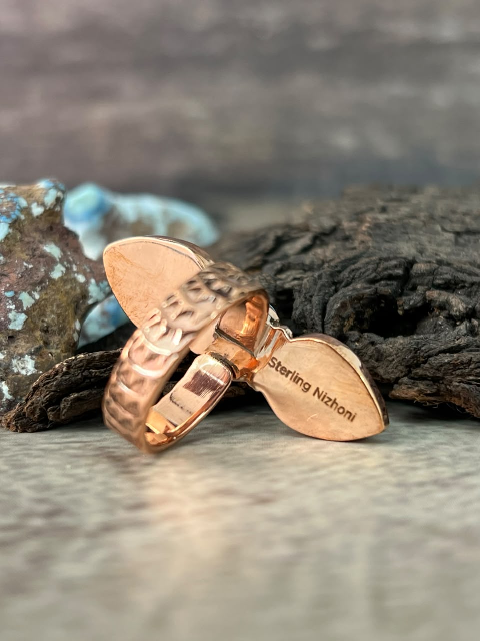 Handmade Golden Hills Turquoise Copper Collection: Adjustable Ring Signed Nizhoni