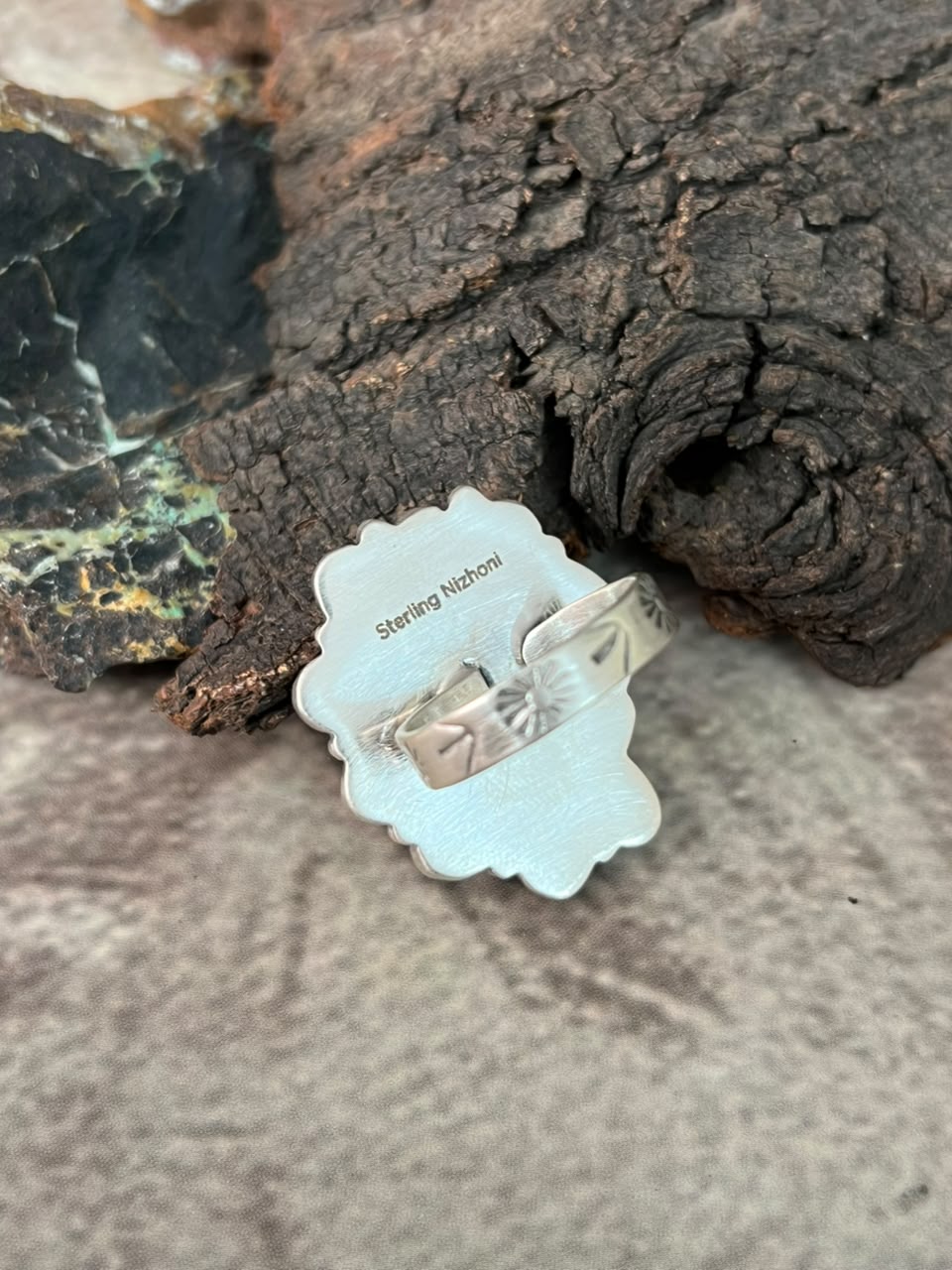 Handmade Sterling Silver White Water with Paloma Turquoise Adjustable Ring Signed Nizhoni