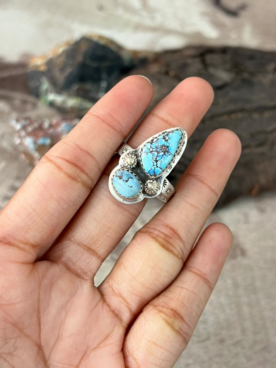 Handmade Sterling Silver Golden Hills Turquoise Adjustable Ring Signed Nizhoni