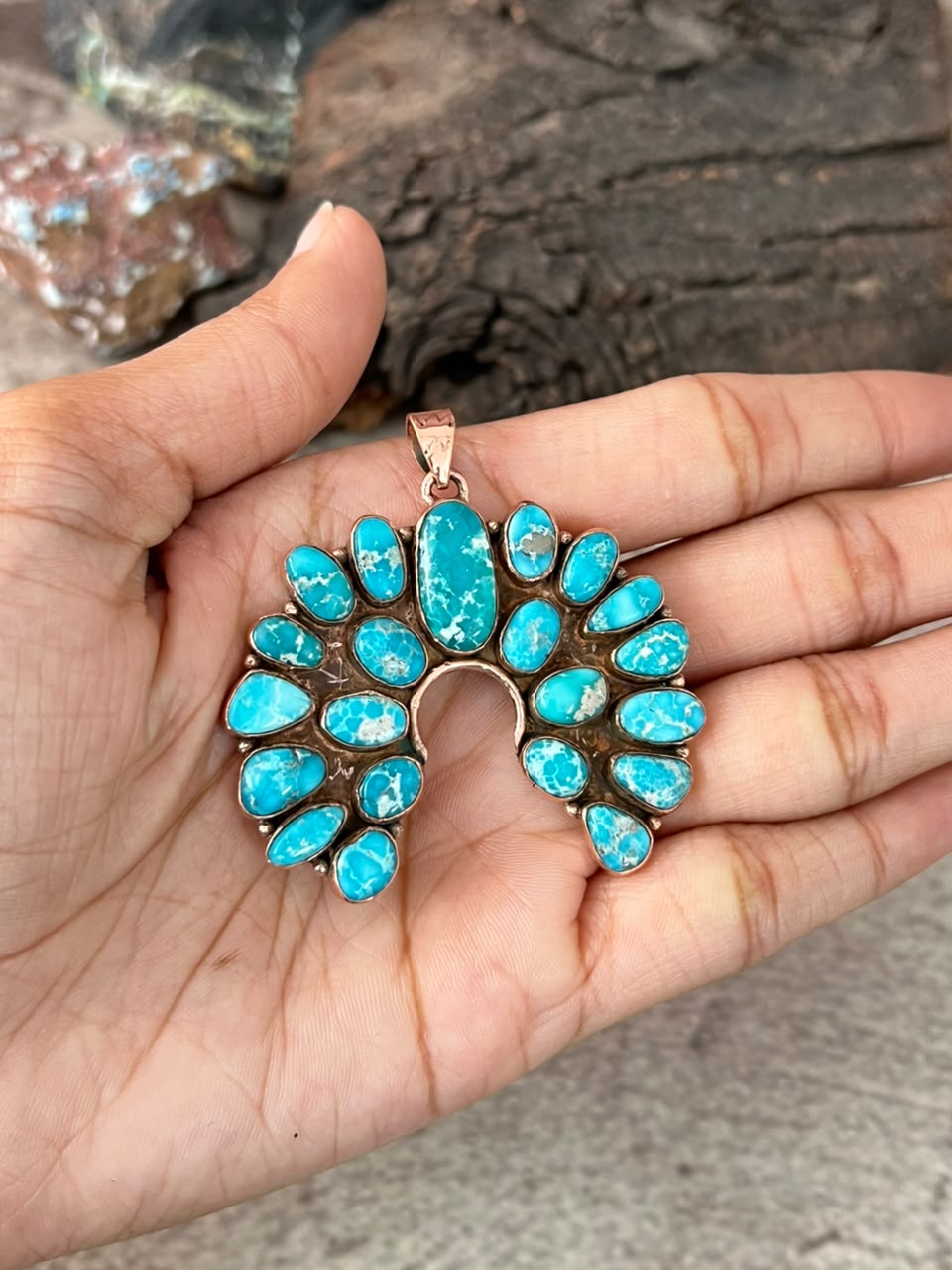 Handmade White Water Turquoise Copper Collection: Naja Pendant Signed Nizhoni