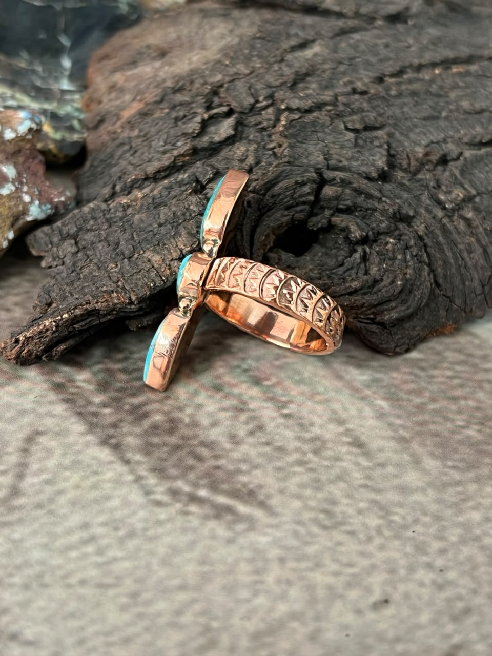 Handmade White Water Turquoise Copper Collection: Adjustable Ring Signed Nizhoni