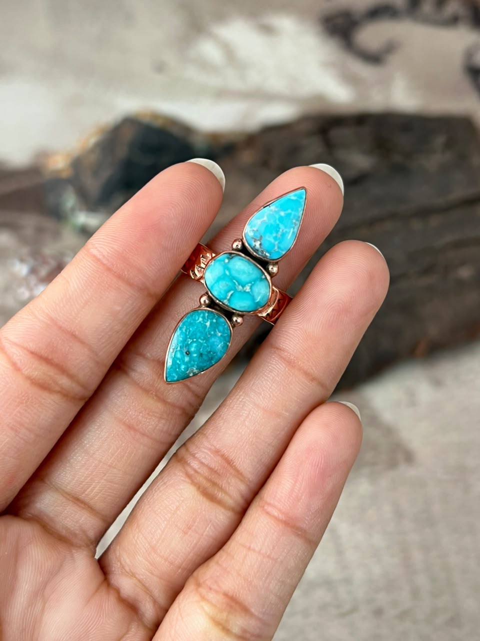 Handmade White Water Turquoise Copper Collection: Adjustable Ring Signed Nizhoni