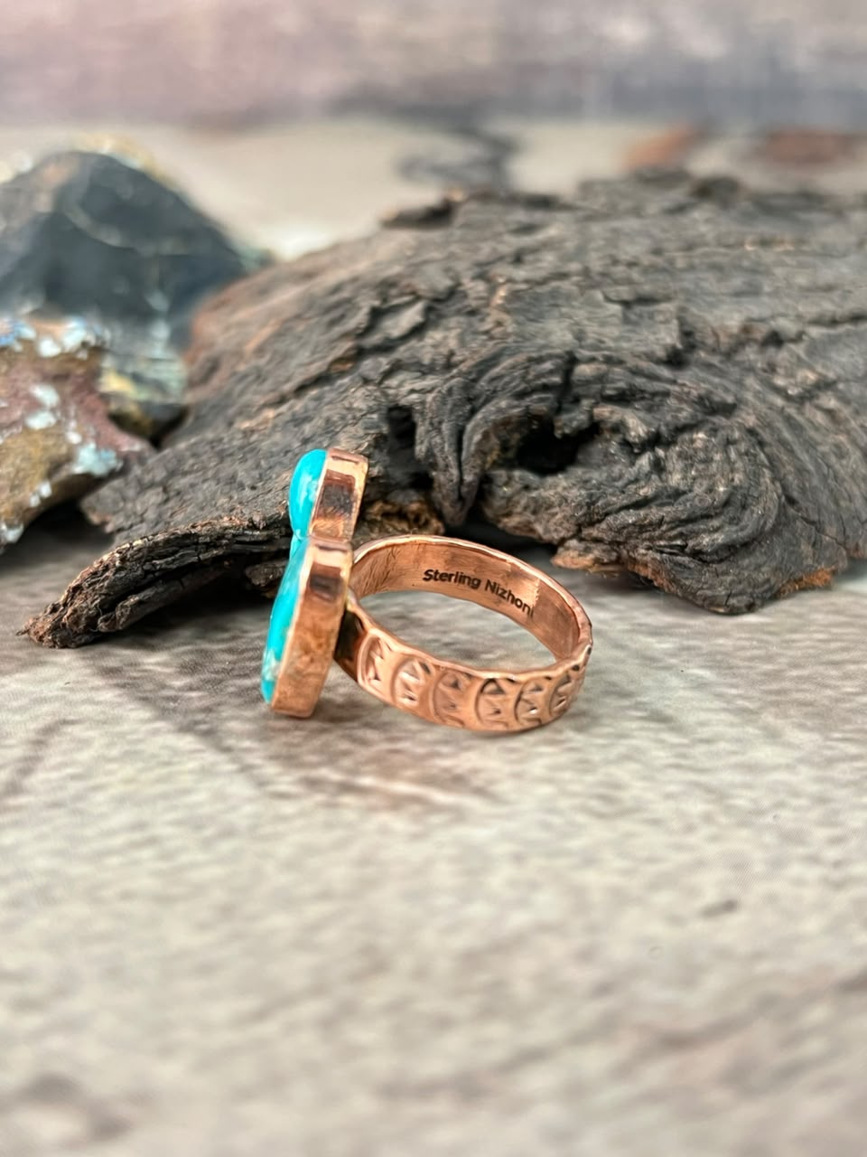 Handmade White Water Turquoise Copper Collection: Adjustable Ring Signed Nizhoni