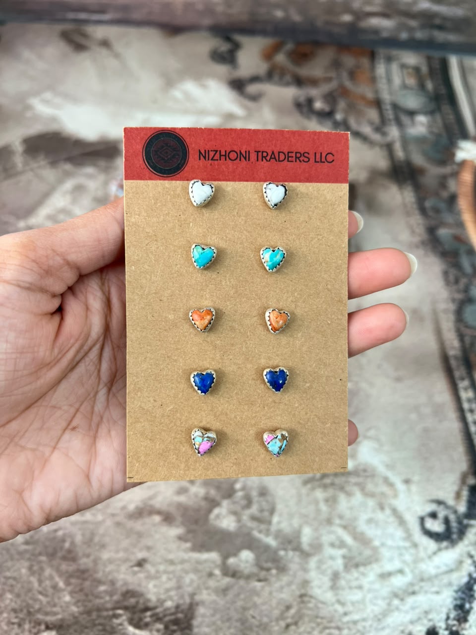 Handmade Sterling Silver Orange Mojave with White Buffalo, Kingman Turquoise, Cotton Candy and Lapis Heart Post Studs Cards