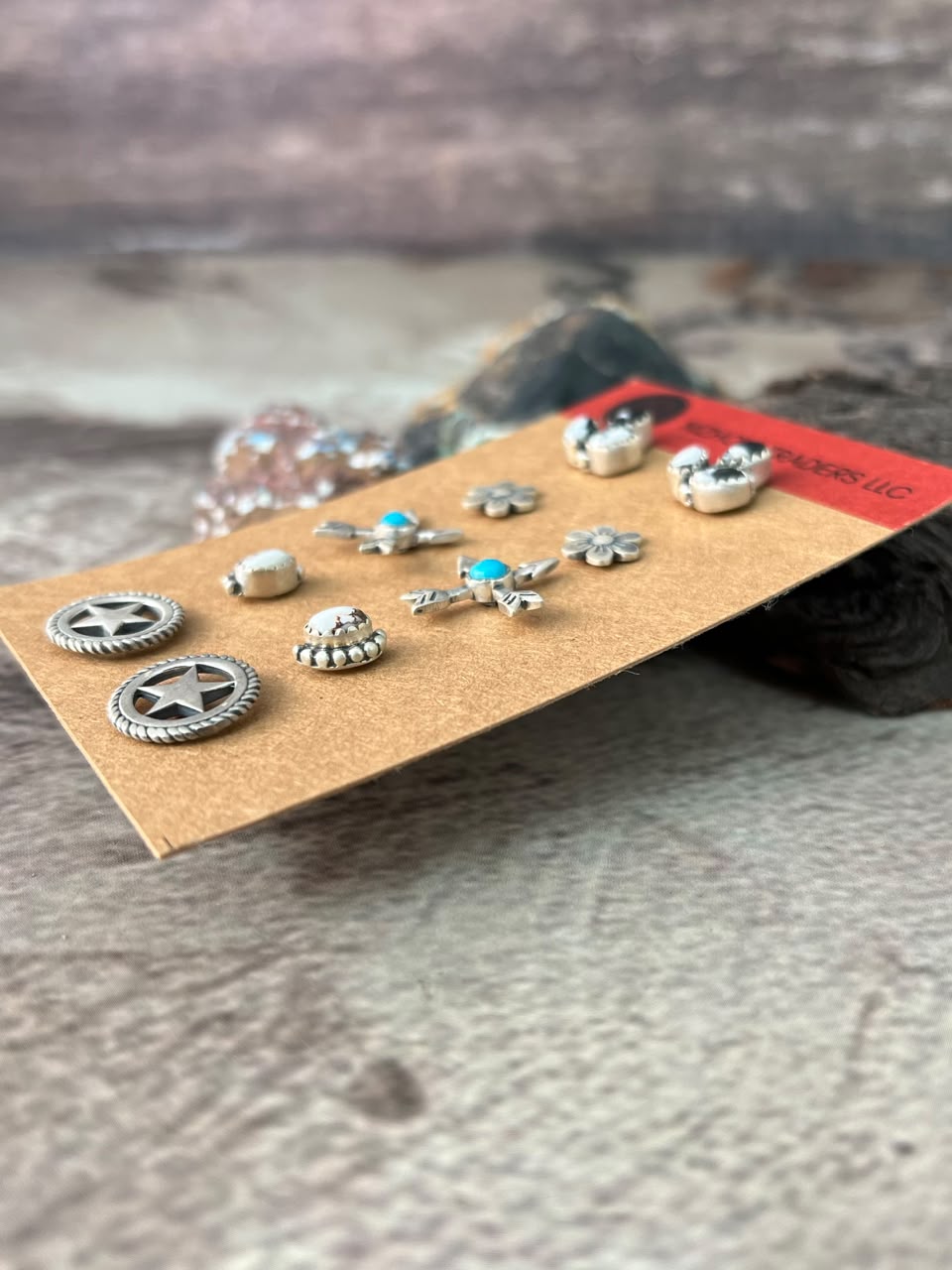 Handmade Sterling Silver White Buffalo with Kingman Turquoise and Wildhorse Magnesite Post Studs Cards