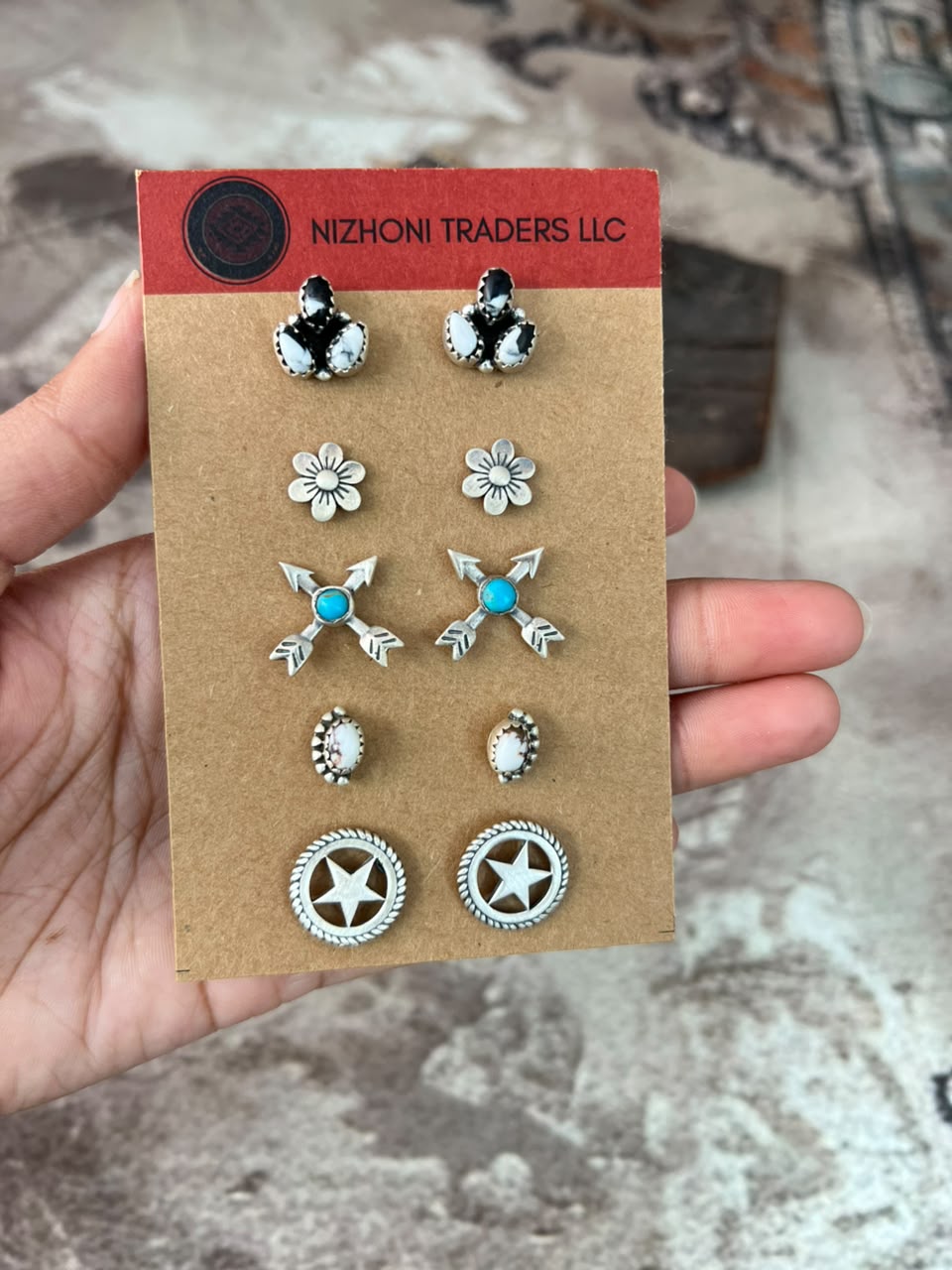 Handmade Sterling Silver White Buffalo with Kingman Turquoise and Wildhorse Magnesite Post Studs Cards