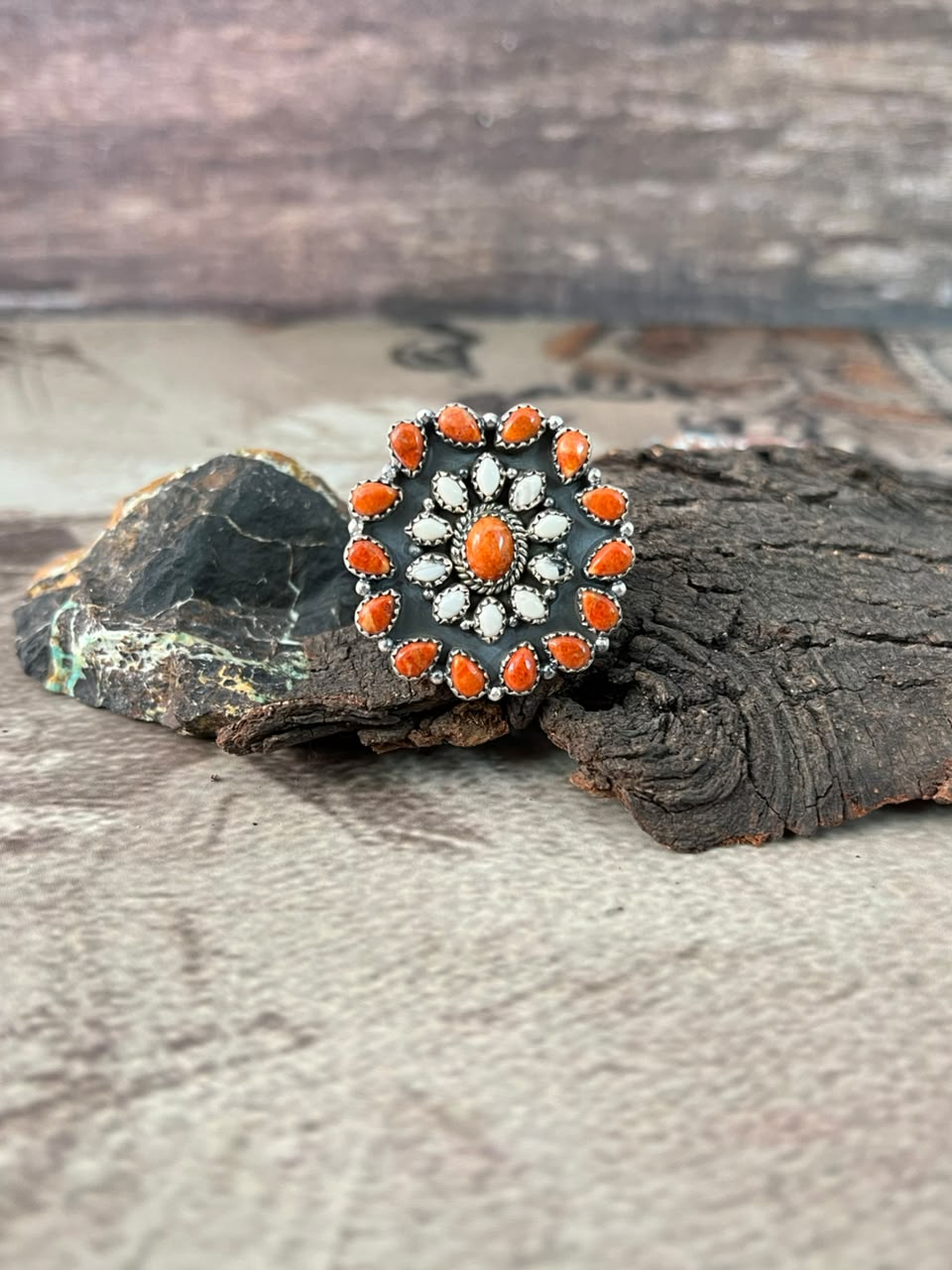 Handmade Sterling Silver Orange Mojave with White Buffalo Adjustable Ring Signed Nizhoni