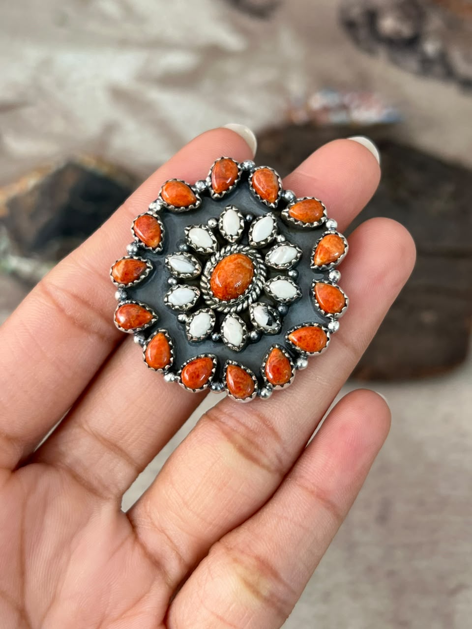 Handmade Sterling Silver Orange Mojave with White Buffalo Adjustable Ring Signed Nizhoni