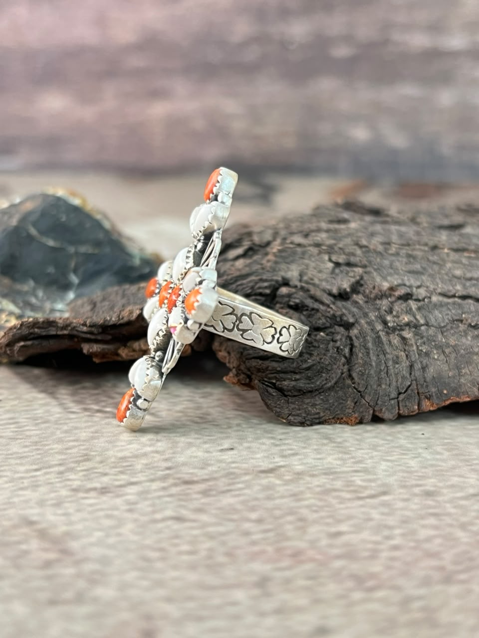 Handmade Sterling Silver Orange Mojave with White Buffalo Adjustable Ring Signed Nizhoni