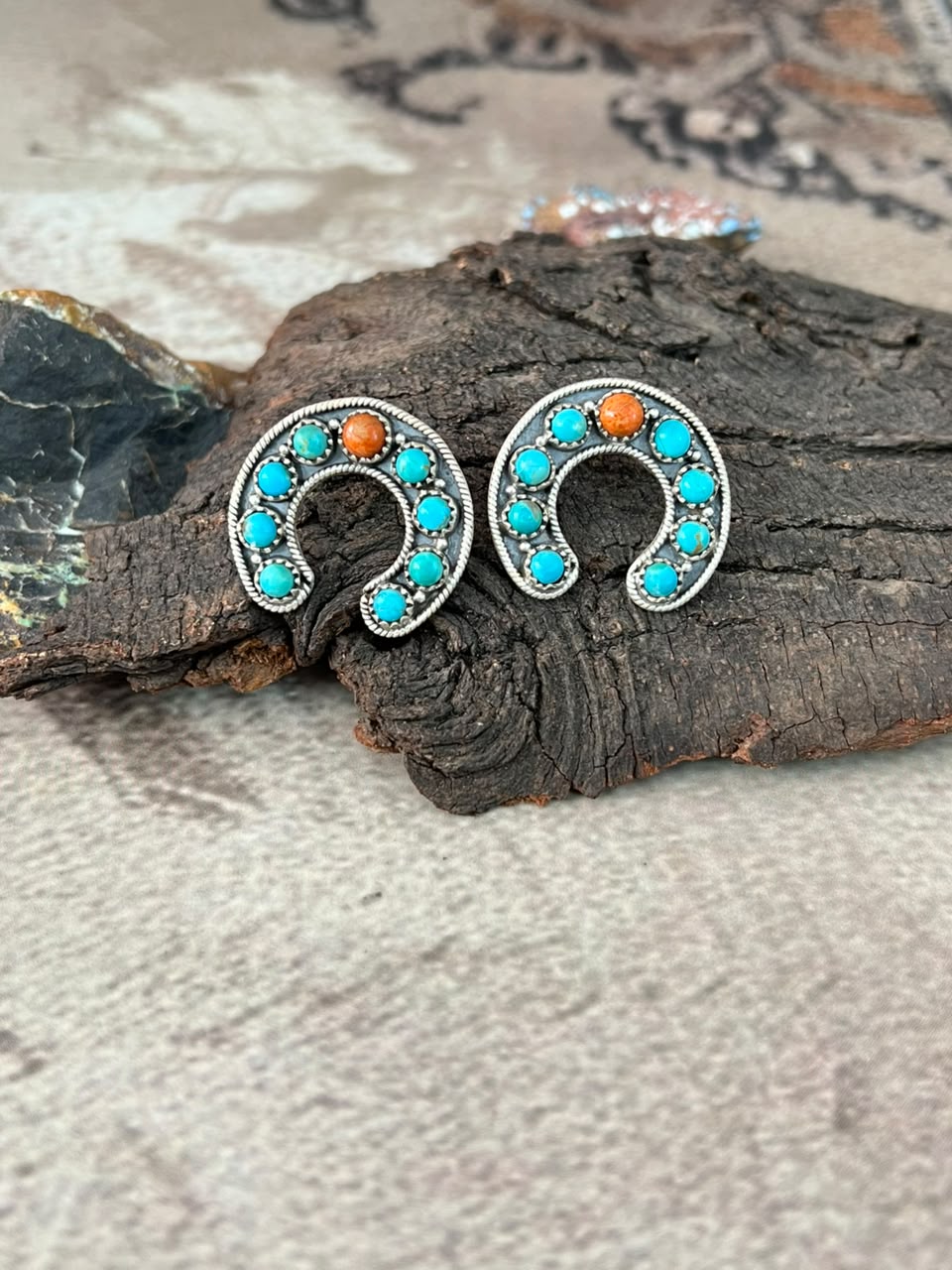 Handmade Sterling Silver Kingman Turquoise with Orange Mojave Post Studs Naja Earrings Signed Nizhoni