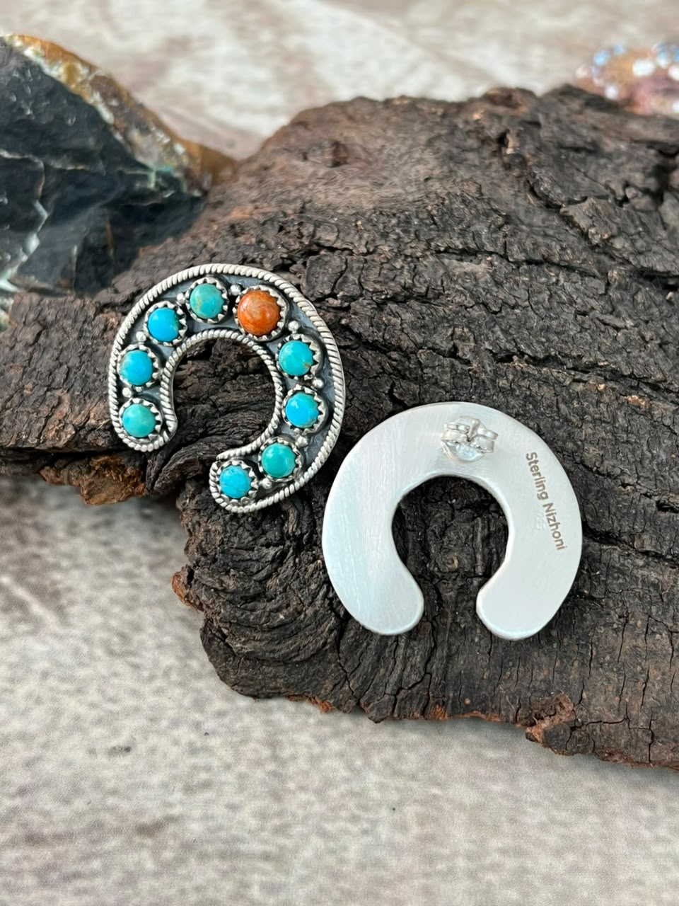Handmade Sterling Silver Kingman Turquoise with Orange Mojave Post Studs Naja Earrings Signed Nizhoni