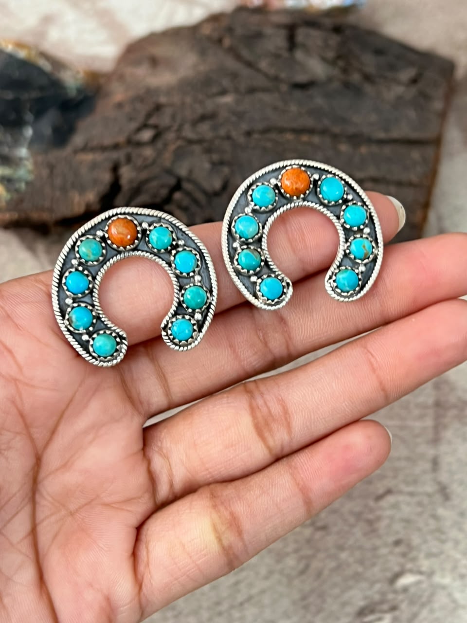Handmade Sterling Silver Kingman Turquoise with Orange Mojave Post Studs Naja Earrings Signed Nizhoni